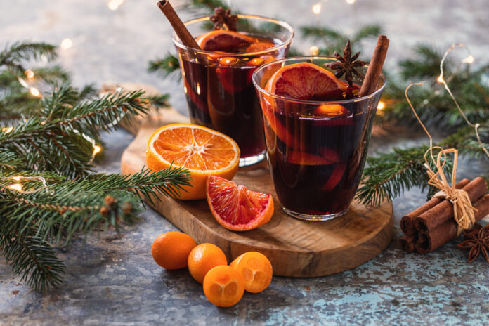 Hot mulled wine with spices for Christmas