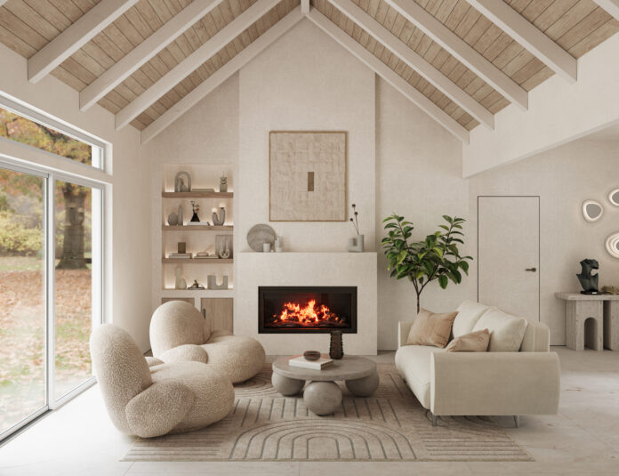Modern living room with fireplace, beautiful furniture and rafter ceiling, 3d rendering